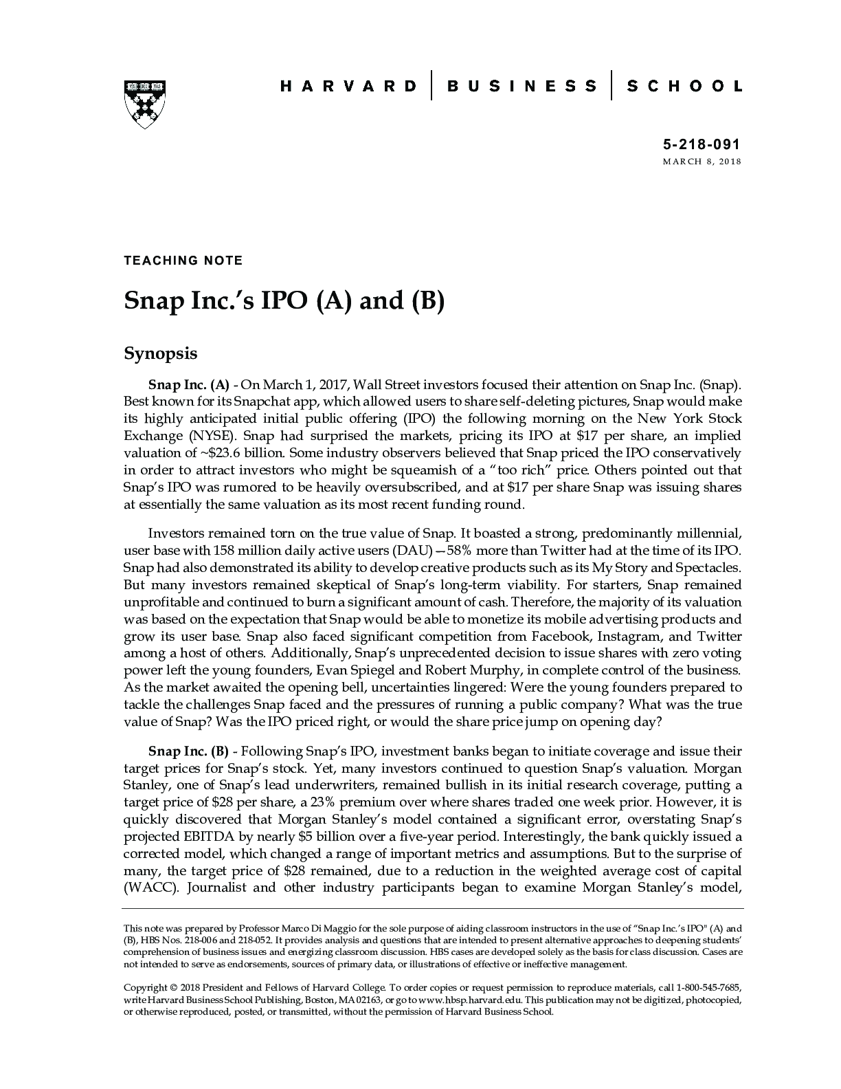 Preview image of Case Solutions/ Notes for Snap Inc.'s IPO (A), By Marco Di Maggio document